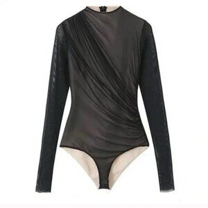 Zara Black Tan Mesh Lace Double Layer Crew Neck Long Sleeve Bodysuit Size M